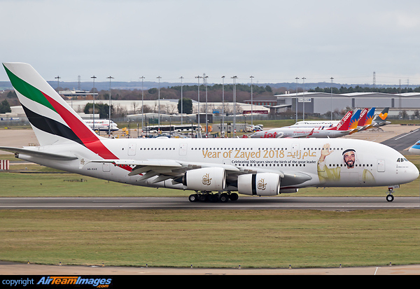 Special livery on this A380 of Emirates "Year of Zayed 2018 - Celebrating 100 Years Since The Birth of The Great Leader" Airbus A380-842