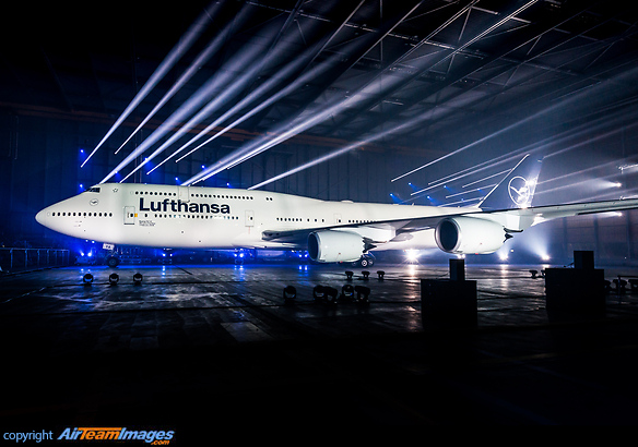 Presentation of the new Lufthansa colour scheme inside the Airbus A380 hangar at Frankfurt Airport. Boeing 747-830
