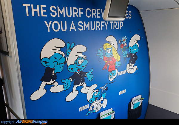 Brussels Airlines celebrate the Belgian Schtroumpfs with this 5th Belgian icon deco.
#AEROSMURF is based on the winning design of Marta Mascellani.
171 project days - 2100 hours of painting - 28 colours used - 420 liters of paint - 335 Touch up brusches - 14 Painters - 24000 meters of masking tapes. Airbus A320-214