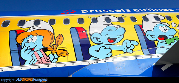 Brussels Airlines celebrate the Belgian Schtroumpfs with this 5th Belgian icon deco.
#AEROSMURF is based on the winning design of Marta Mascellani.
171 project days - 2100 hours of painting - 28 colours used - 420 liters of paint - 335 Touch up brusches - 14 Painters - 24000 meters of masking tapes. Airbus A320-214