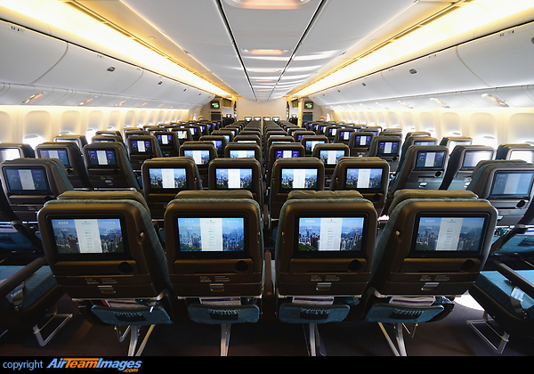 Cathay Pacific has finally entered the age of 3-4-3 Economy Class seating for its fleet of B777-300. The new slimmer seats feature a 12" Personal HDTV, personal storage with USB and tablet holder. WiFi is on the way. Boeing 777-367/ER
