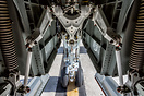 The inner workings of the nose gear on a Challenger 350.