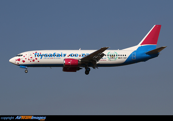 FlySafair's latest special scheme "For the Love of Flying" promoting their Tripadvisor Travellers Choice award for Best Airline in Africa 2018. Boeing 737-43S