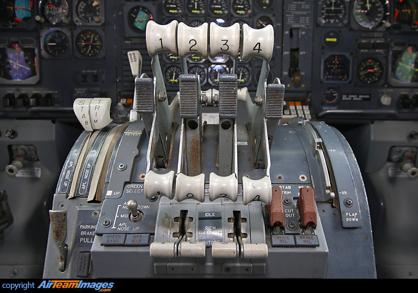 Preserved here since 30th of September 2006 as part of the collection of South African Airways Museum Society.
View on the throttle quadrant. Boeing 747SP-44