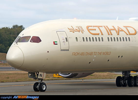 Closeup nose shot of Etihad's first production 787-10 airplane taxing for departure Boeing 787-10 Dreamliner