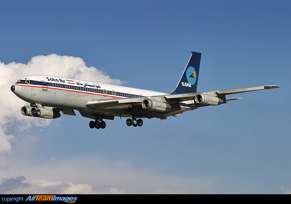 An Iran AirForce 707 (number:5-8312 or EP-CPP) crashed at Fat'h airport, Karaj on 14th January 2018. This photo was taken when she operated for Saha Air color as EP-SHK Boeing 707-3J9C