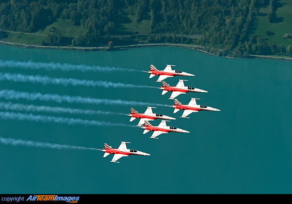 Northrop F-5 of Patrouille Suisse over Lake Brienz during the Axalp Air Show Patrouille Suisse