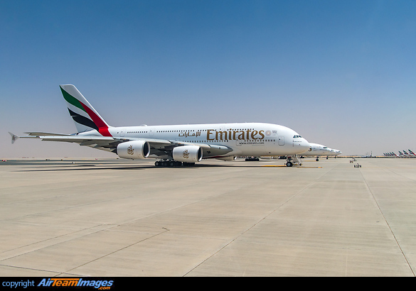 lots of stored Emirates aircraft visible due to lack of pilots and runway closure at Dubai Intl. Airport Airbus A380-842