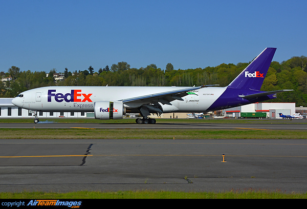 FedEx Eco-Demonstrator just after landing when the nose landing gear touched the ground and the thrust reversors are in full action Boeing 777-FS2
