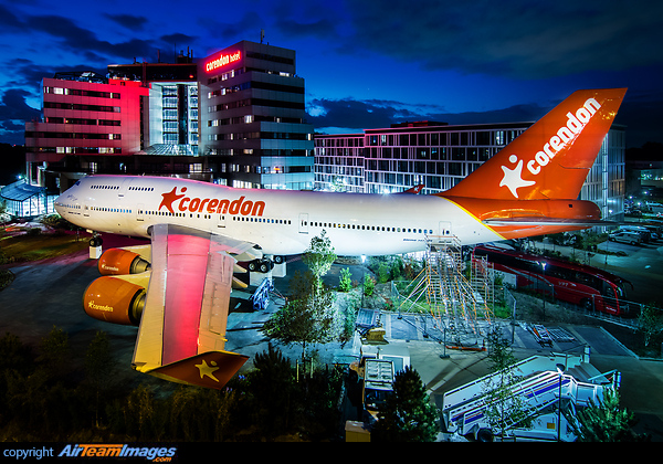 on display in front of Corendon Village Hotel. Former KLM aircraft Boeing 747-406