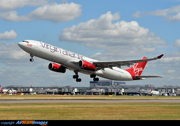 "Champagne Belle" climbing away from 27 left heading for Washington(IAD) as VS21. Airbus A330-343E
