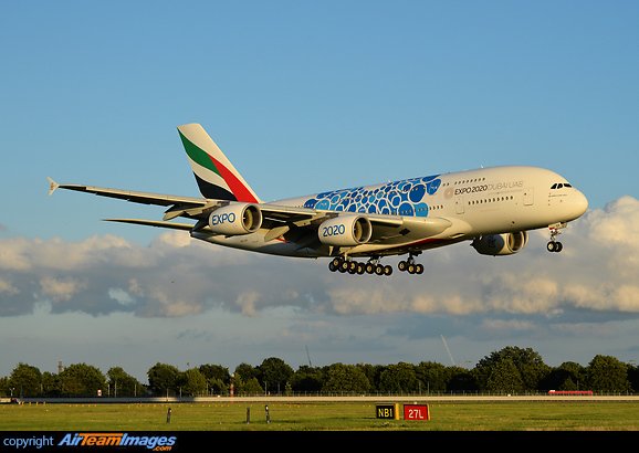 One of three Emirates A380's painted in special markings to advertise the EXPO 2020 in Dubai, about to touch down on 27 left. Airbus A380-861