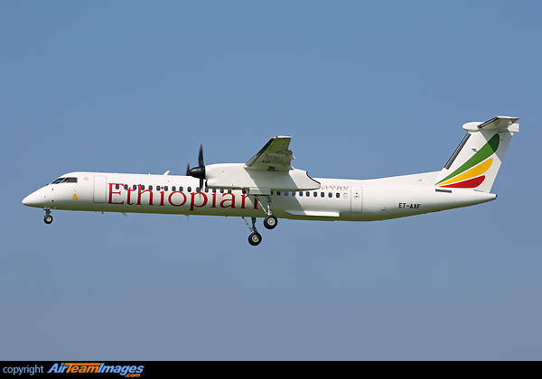New Ethiopian Dash-8-400 ET-AXF arriving at Manchester for a technical stop on a sector of its delivery flight from Toronto Downsview to Addis Ababa. Bombardier Dash 8-402Q