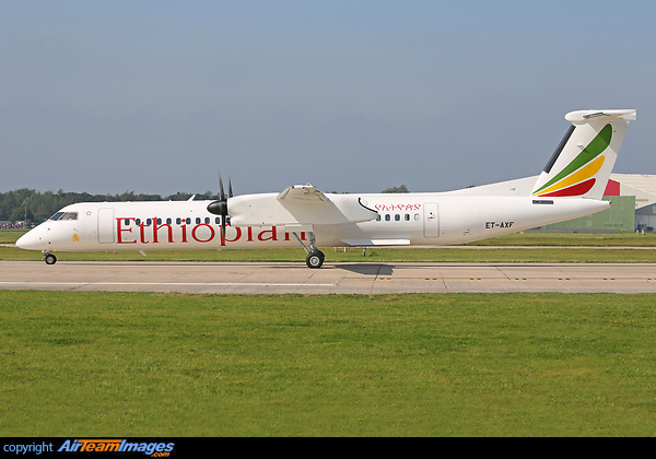 New Ethiopian Dash-8-400 ET-AXF departing Manchester to Rome FCO on the next leg of its delivery flight from Toronto Downsview to Addis Ababa. Bombardier Dash 8-402Q