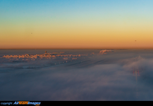 final approach for Runway 26R in foggy conditions. Munich Airport