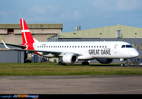 Ex-Stobart Air Embraer 195 EI-GGB has recently been painted into Great Dane Airlines livery by Airbourne Colours at East Midlands Embraer ERJ-195LR