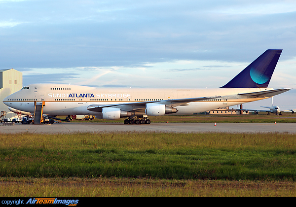 Sundt Atlanta Skybridge was a joint venture between Air Atlanta Icelandic (Keflavik) and corporate jet operator Sundt Air (Oslo) operating cargo charters. Seen at Manston in 2009 in the basic livery of previous operator Saudi Airlines Cargo Boeing 747-230BM(SF)