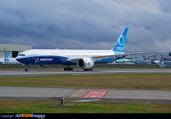 Boeing first 777-9X taxing back after the first flight event got cancelled today- the folding wingtips are folded down as it taxies down the runway. Later after 4 hours of waiting on the taxiway, it got cancelled due to gust and inclement weather Boeing 777-9X