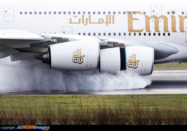 Kicking up water as the thrust reversers do their work Airbus A380-861