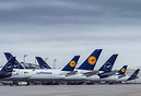 a part of Lufthansa fleet grounded on the apron in Munich. A380s, A340...