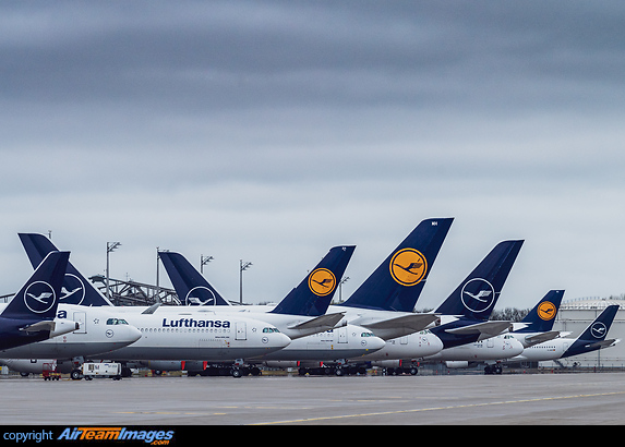 a part of Lufthansa fleet grounded on the apron in Munich. A380s, A340-600s and A350s. Lufthansa Aircraft Storage