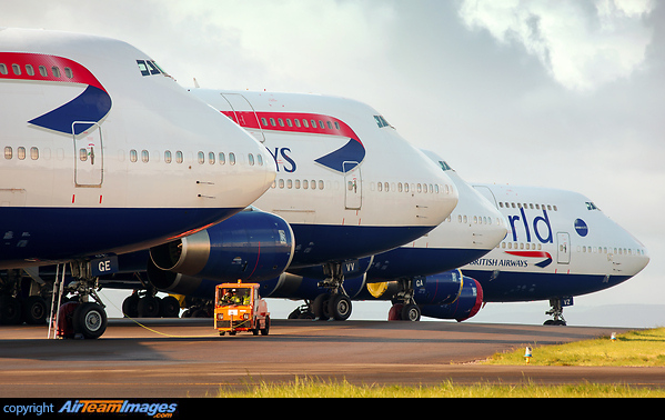 G-BYGE with APU running whilst Maintenance crews perform checks, together with G-IVV, G-BYGA and G-CIVZ
have been in storage in Cardiff since March 2020. British Airways 747 Storage