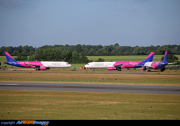 Wizz Air UK Airbus A321 aircraft stored at Doncaster Sheffield Airport during covid-19 crisis. Airbus A321-231