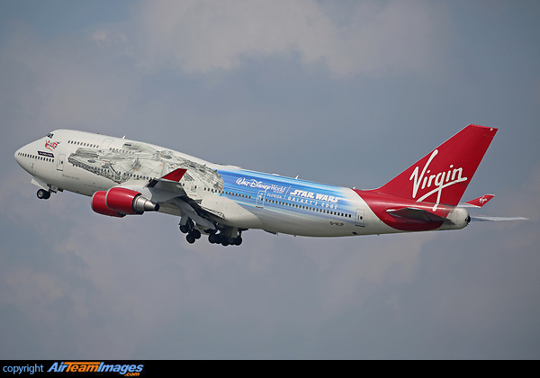 Virgin Atlantic Boeing 747-400 G-VLIP in special Star Wars Millenium Falcon scheme departing Manchester for storage at Ciudad Real, Spain. Boeing 747-443