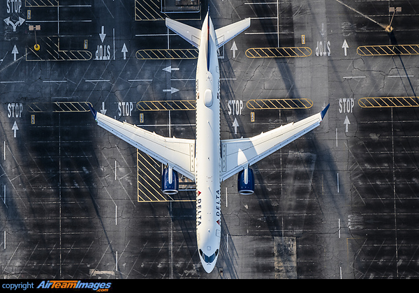 The brand new Delta A220-300 arriving in Atlanta for the first time. Image taken from a helicopter with special approval. Airbus A220-300