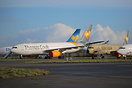 Former Thomas Cook Airlines aircraft stored at Newquay Airport.