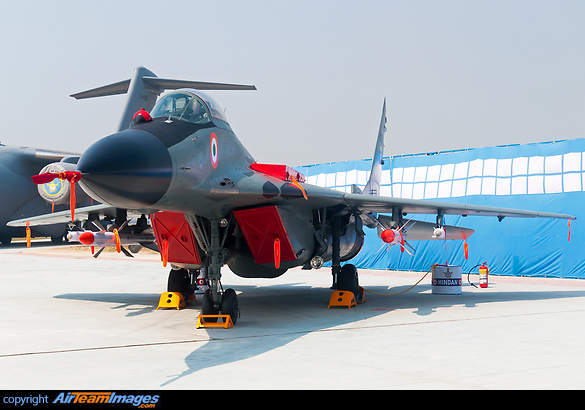 Fulcrum from the No. 28 Squadron "First Supersonics" garrisoned at Jamnagar AFS with the motto "Sanharancha Karothi Ya" i.e. "Determined to Destroy" kept on display on the ramp at Hindon AFB on the occasion of 85th Indian Air Force Day. It is known as "The First Supersonics" because it was the first squadron in the IAF to be equipped with supersonic Mikoyan MiG-21s in 1963.The squadron was initially based in Chandigarh, later moved to Tezpur, Assam, then Pune, Maharashtra and later to Jamnagar, Gujarat. Indian Air Force Mikoyan Gurevich MiG-29B Fulcrum, KB3116. Mikoyan Gurevich MiG-29B