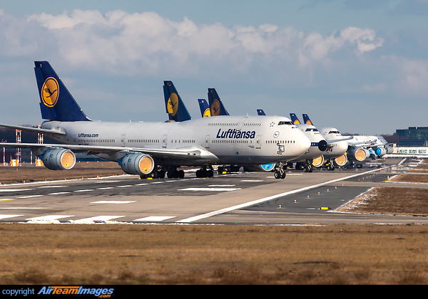 Line-up of Lufthansa's stored Boeing 747-8 aircraft at Frankfurt Airport's north-western runway due to the impact of Coronavirus. Boeing 747-830