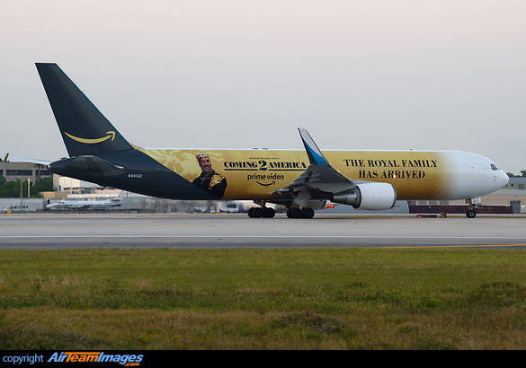 Amazon Prime Air's Boeing 767-300F with "The Royal Family Has Arrived" titles, promoting the movie "Coming 2 America" Boeing 767-323/ER(BDSF)