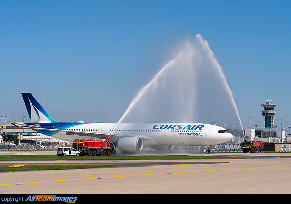 Brand new Corsair International A330 Neo receiving a water salute from Paris Aeroport fire service on its first landing. Airbus A330-941