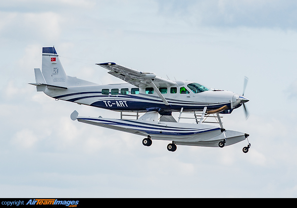 TC-ART passing through Shannon, Ireland on a manufacturer delivery flight from Cessna's Wichita factory to the new operator in Turkey. This is a Cessna 208B, or a "Grand Caravan" - a stretched version of the original 208. This particular airplane is equipped with Wipline 8750 floats which include retractable gear, allowing the airplane to operate on land or water. Cessna 208B Grand Caravan