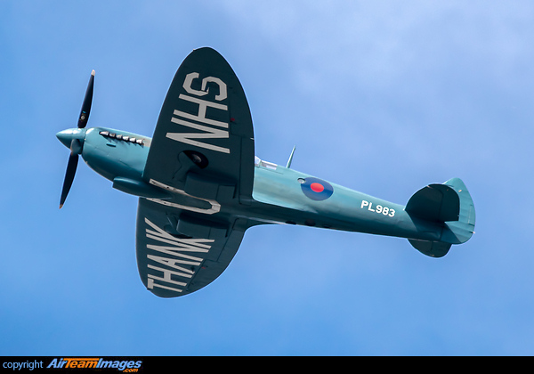 Spitfire PRXI PL983 (G-PRXI) wears the wartime photo reconnaissance blue livery of its time serving in Europe with 4 Squadron. With additional Thank U NHS titles Supermarine Spitfire PR Mk. XI