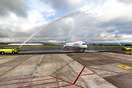 Water cannon salute for the first Iberojet to arrive at Costa Rica