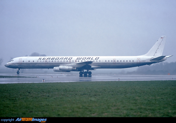 Non-standard basic white livery as a result from former operations with Austrian Airlines McDonnell Douglas DC-8-63CF