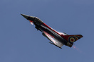 RAF 2021 display typhoon in flight over Shawbury airfield.