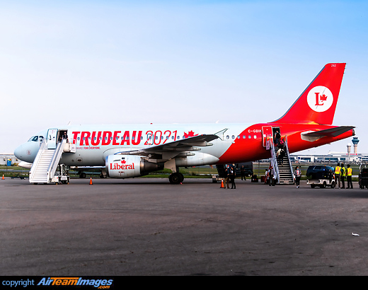 The new campaign plane for the Liberal Party of Canada, parked in Toronto on its first day of service. Airbus A319-114