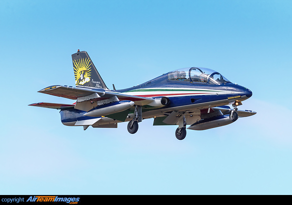 Special livery for 60th anniversary of Frecce Tricolori acrobatic team. Is dedicated to "Lanceri Neri", an italian aerobatic team founded in 1957; flew with the Canadair CL-13 Sabre Mk. 4. Aermacchi MB-339PAN