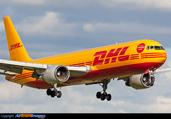 Recently painted into full DHL livery apart from small sticker at the front stating its operated by CargoJet Airways Boeing 767-328/ER(BDSF)