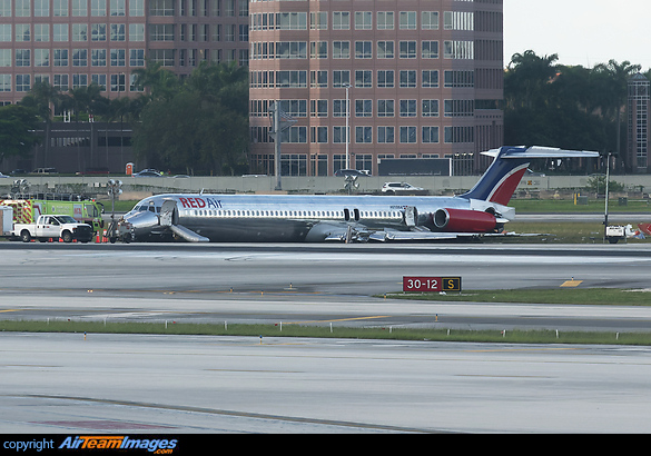 The plane's landing gear collapsed and caught fire as the Red Air Flight came into Miami International Airport from Santo Domingo in the Dominican Republic. McDonnell Douglas MD-82