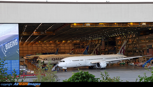 Boeing 787 Final assembly line in factory with latest Qatar Airways, United Airlines and British Airways Dreamliners Boeing 787-9 Dreamliner