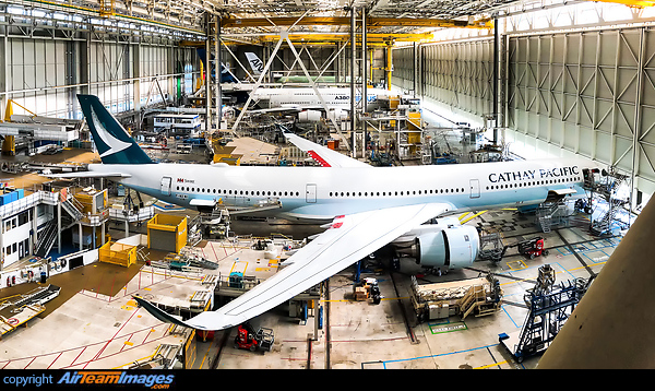 view of the Airbus Flightline, featuring aircraft such as a Cathay Pacific's A350-100, an Airbus house A380-800 and the first All Nippon Airways Airbus A380-800. Airbus A350-1041