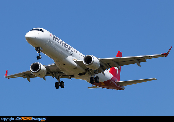 HB-JVU, which was damaged by QTR A359 A7-AMG while parked at ZRH on February 10, 2020, returning here after an 85-minute check flight from ZRH to ZRH. Embraer ERJ-190LR