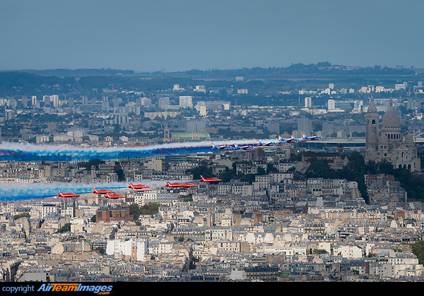 Red Arrows and Patrouille de France in a formation flight above Paris as part of King Charles III official visit Reds & Patrouille de France