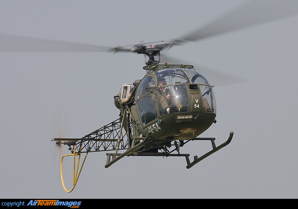 Ex Switzerland Air Force and retains its previous owners scheme and military registration of V-54. AS 313B Alouette II