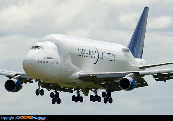 Boeing's Dreamlifter. A special modified version of the Boeing 747-400 freighter version to transport parts for the new Boeing 787 aircraft Boeing 747-409 LCF Dreamlifter