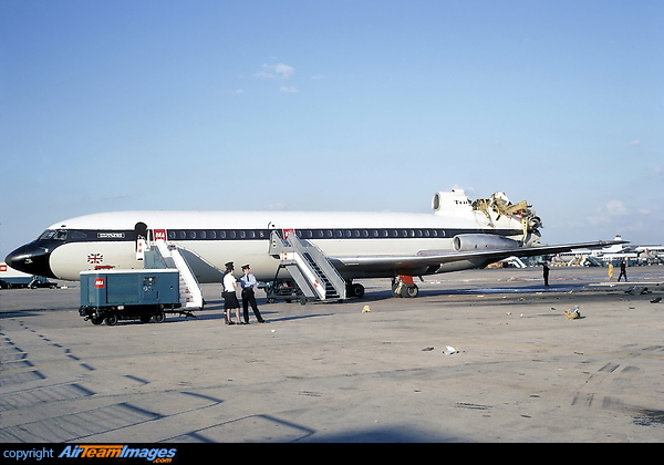 Struck by a crashing Airspeed AS.57 Ambassador (G-AMAD) which swung off the runway and crashed into the Trident G-ARPI and G-ARPT while parked on stand 3 July 1968. Hawker Siddeley Trident 1C